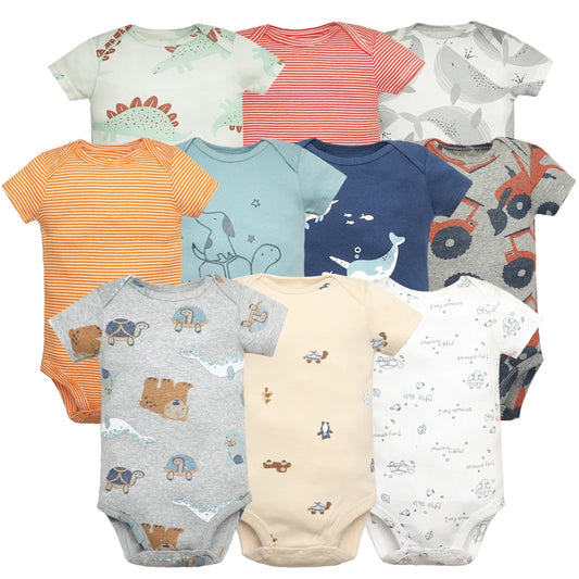 5-Piece Unisex Baby Bodysuit Set, Short Sleeve Cartoon Jumpsuits for Newborn Infants