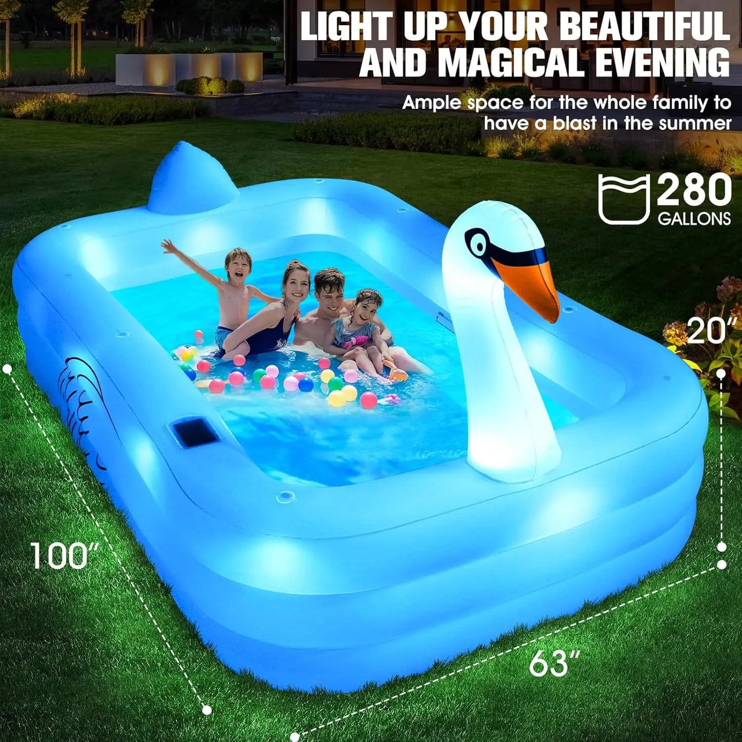 Solar Swan Inflatable Pool with Lights, 100x63x20in, Thickened Family Pool for Adults & Kids