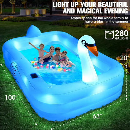 Solar Swan Inflatable Pool with Lights, 100x63x20in, Thickened Family Pool for Adults & Kids