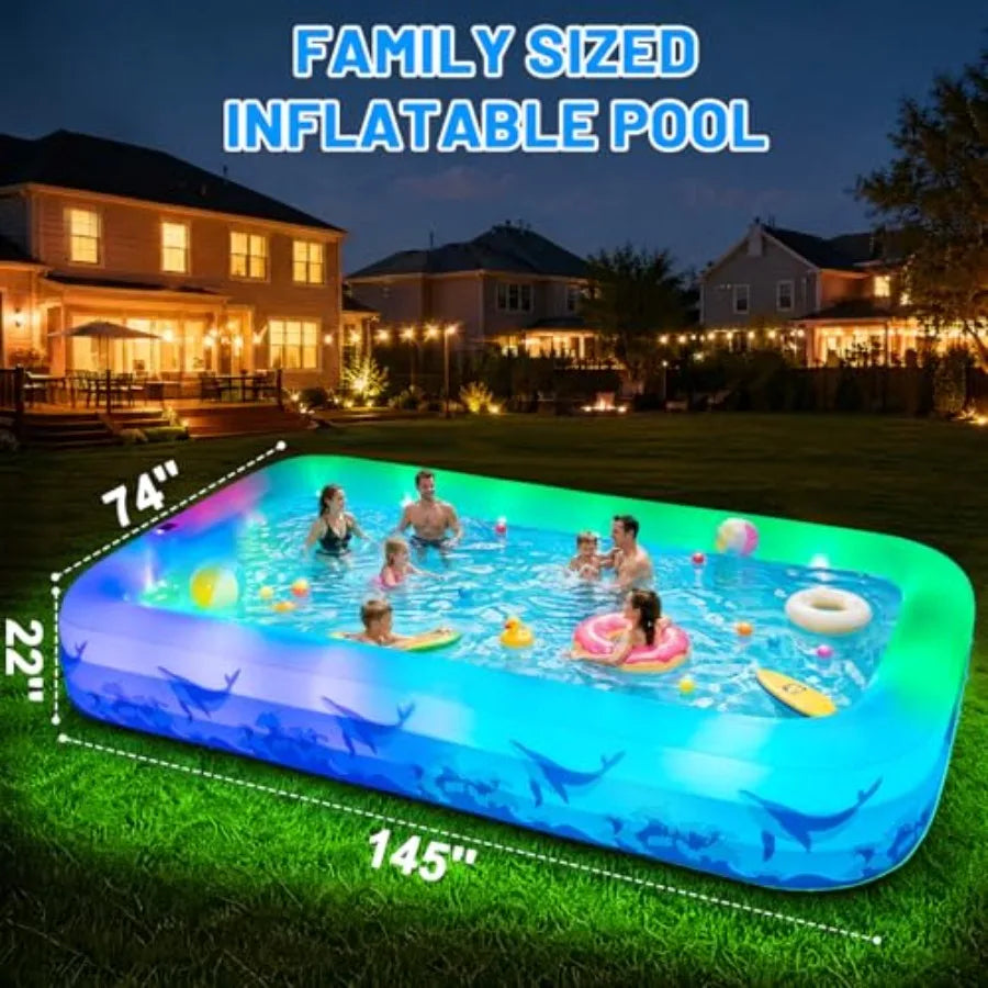 Backyard outdoor inflatable swimming pool for kids and adults, durable thickened PVC, multicolor 7-color LED light,solar-powere