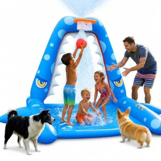 Sprinkler for Outdoor Play, Giant Inflatable Shark Water Toys Splash Pad with Basketball Hoop, Fun Sprinkler Summer Outdoor Gam