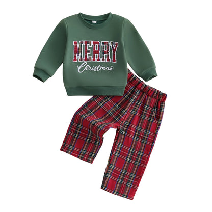 With Boy-Christmas-Outfit Boy-Christmas Plaid Pants Baby Christmas Sleeve-Sweatshirt Outfit Long Toddler Baby Boy