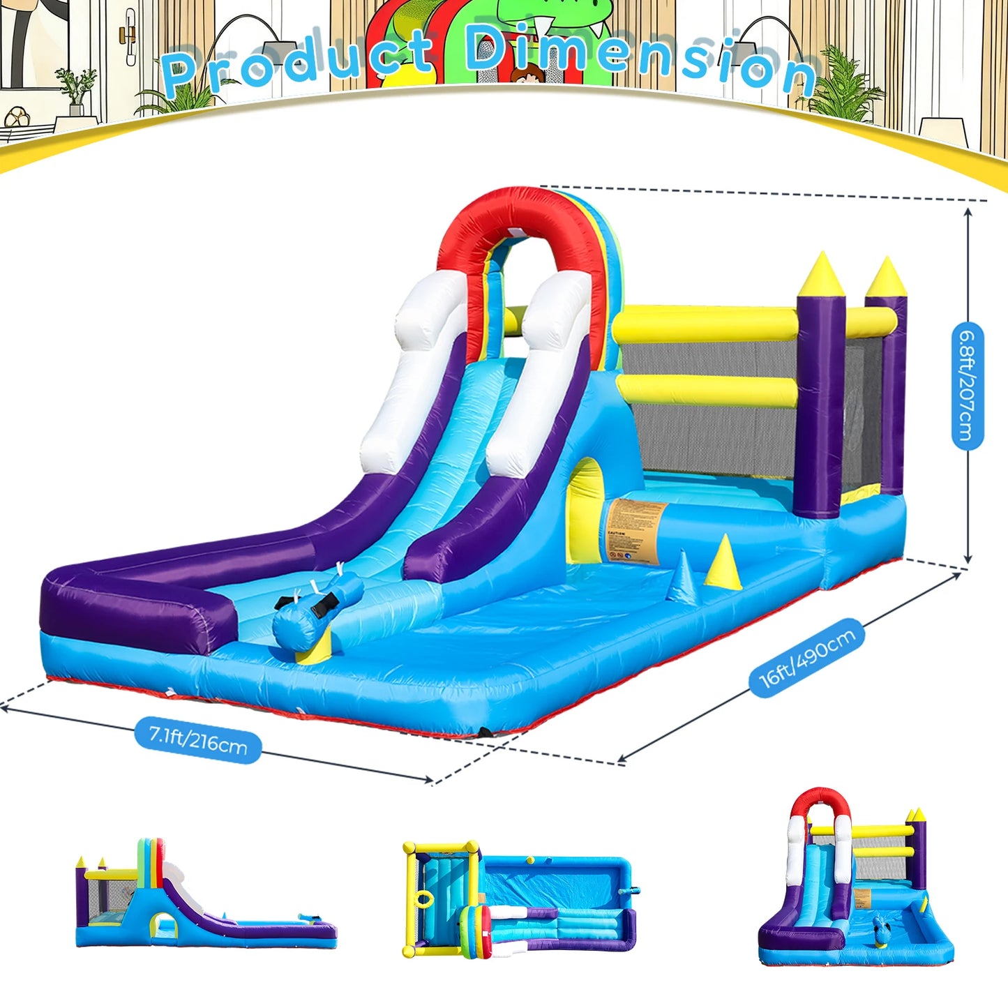 16FT Kids Inflatable Water Slide Bounce House with Splash Pool, Durable Oxford Fabric & 480W Blower