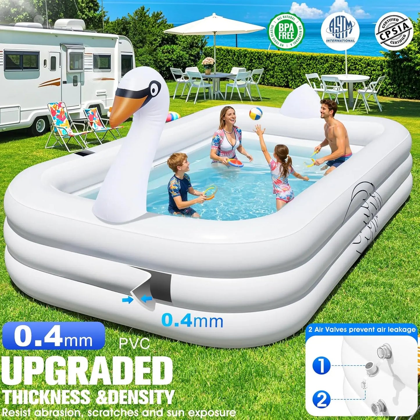 Solar Swan Inflatable Pool with Lights, 100x63x20in, Thickened Family Pool for Adults & Kids