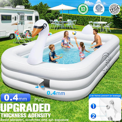 Solar Swan Inflatable Pool with Lights, 100x63x20in, Thickened Family Pool for Adults & Kids