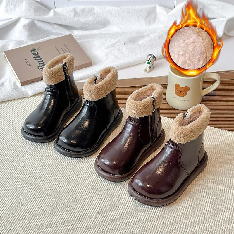 2026 Winter Children's Boots Fashion Simple Style Girl's Ankle Boot Causal Versatile Black Kid Short Leather Boots Side Zipper