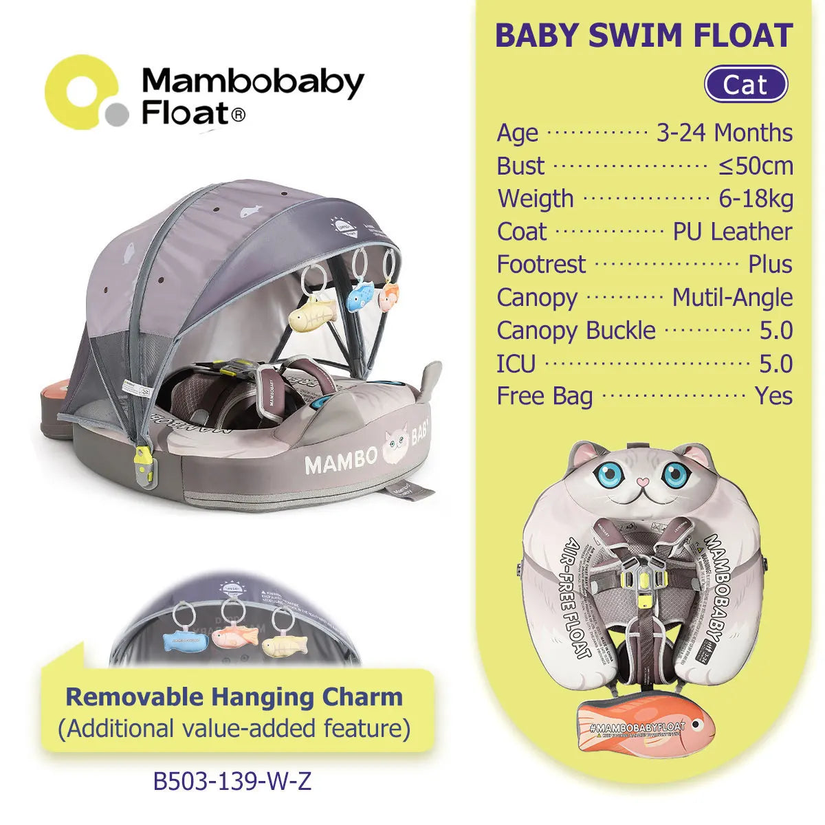 Mambobaby Baby Pool Float with Canopy & Tile Baby Swim Ring Infant Swimming Trainer Circle With Adjustable Strap for Boys Girls