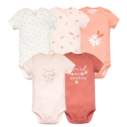 5-Piece Unisex Baby Bodysuit Set, Short Sleeve Cartoon Jumpsuits for Newborn Infants