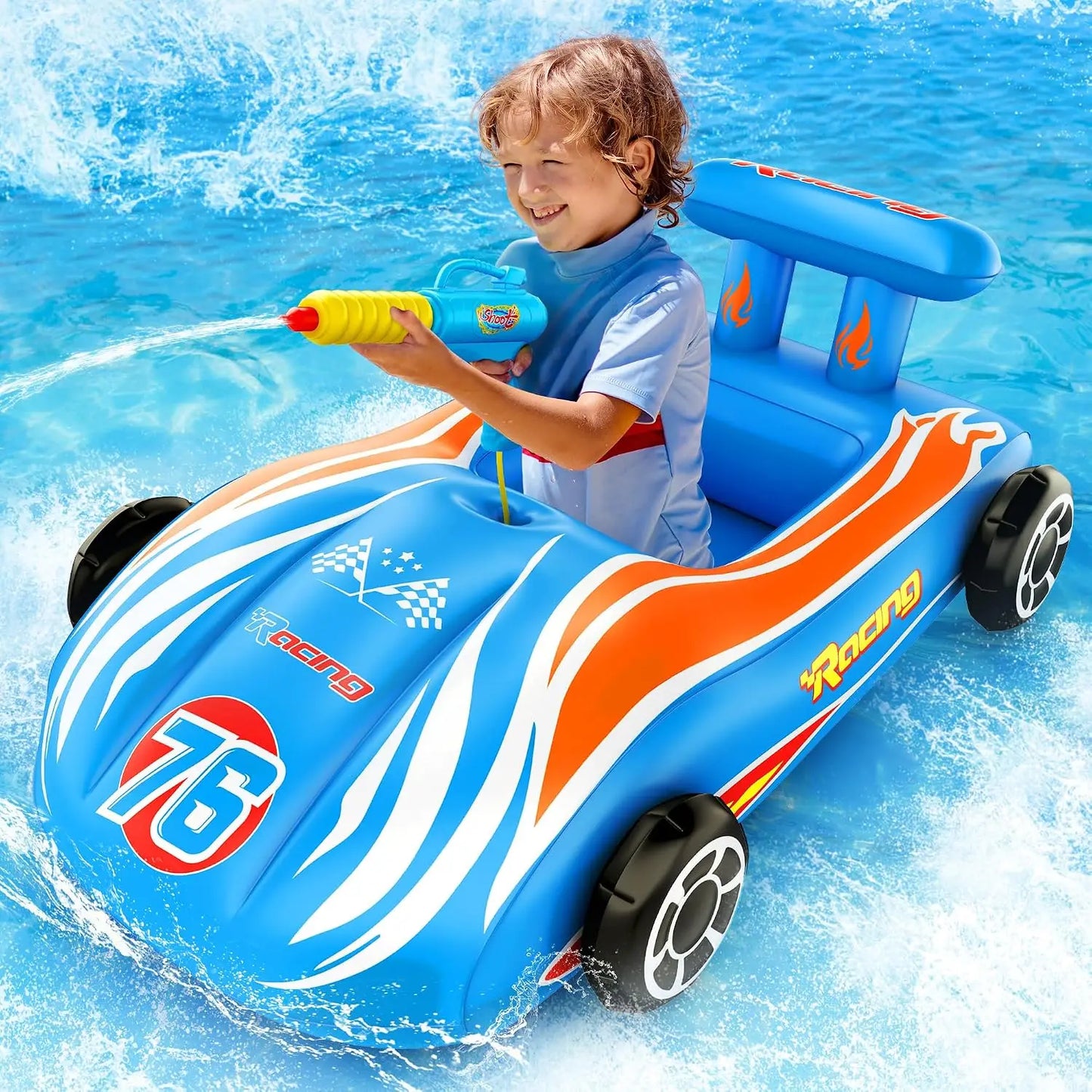 Altrek Store Inflatable Race Car Pool Float with Water Gun for Kids Ages 3–8, Ride-On Swimming Pool Toy for Toddlers, Boys & Girls, Outdoor Summer Water Fun