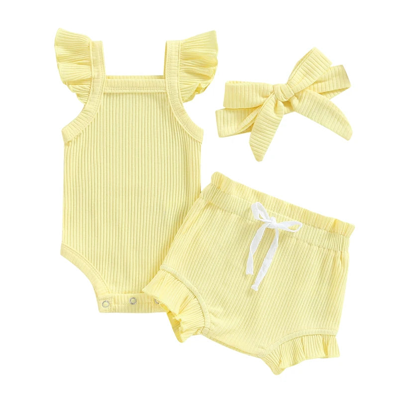 2023-04-12 Lioraitiin 0-18M Toddler Girls 3Pcs Summer Clothes Fly Sleeve Solid Romper Tops Drawstring Short Pants Headband