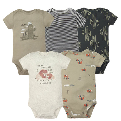 5-Piece Unisex Baby Bodysuit Set, Short Sleeve Cartoon Jumpsuits for Newborn Infants