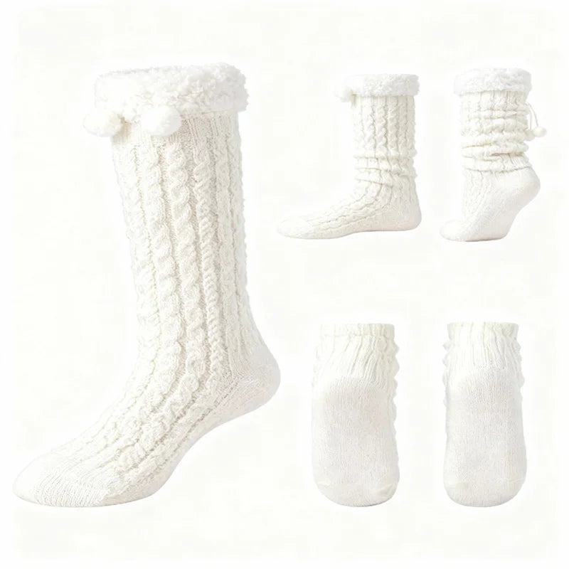 2PCS Kawaii Leg Warmers with Pom Poms, Cable Knit Boot Socks for Layering with Skirts Sneakers, Cute Fashion Accessory 22cm