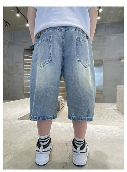 Boys Straight Denim Shorts Summer Children Casual Wide-leg Knee Length Pants Teenage Jean Short Trousers Kids Clothing 5-14 Year
