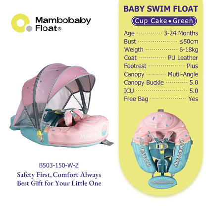 Mambobaby Baby Pool Float with Canopy & Tile Baby Swim Ring Infant Swimming Trainer Circle With Adjustable Strap for Boys Girls