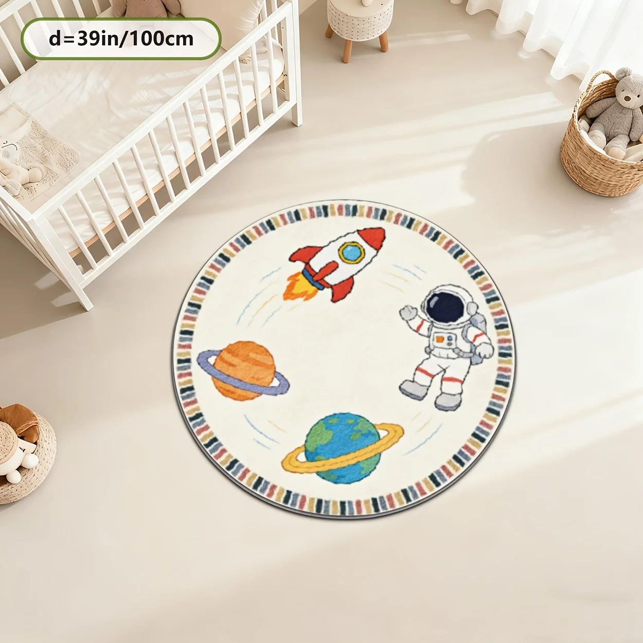 Round Space Astronaut Rug Play Mat, Soft Washable Area Rug for Kids Nursery Room & Toddlers
