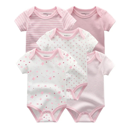 Kiddiezoom Summer 5 Piece Fashion Cartoon Boys and Girls Bodysuits 100% Cotton Soft Newborn Bodysuit Set