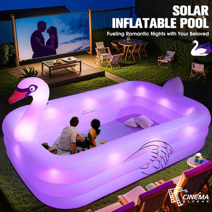 Solar Swan Inflatable Pool with Lights, 100x63x20in, Thickened Family Pool for Adults & Kids