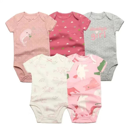 5-Piece Unisex Baby Bodysuit Set, Short Sleeve Cartoon Jumpsuits for Newborn Infants