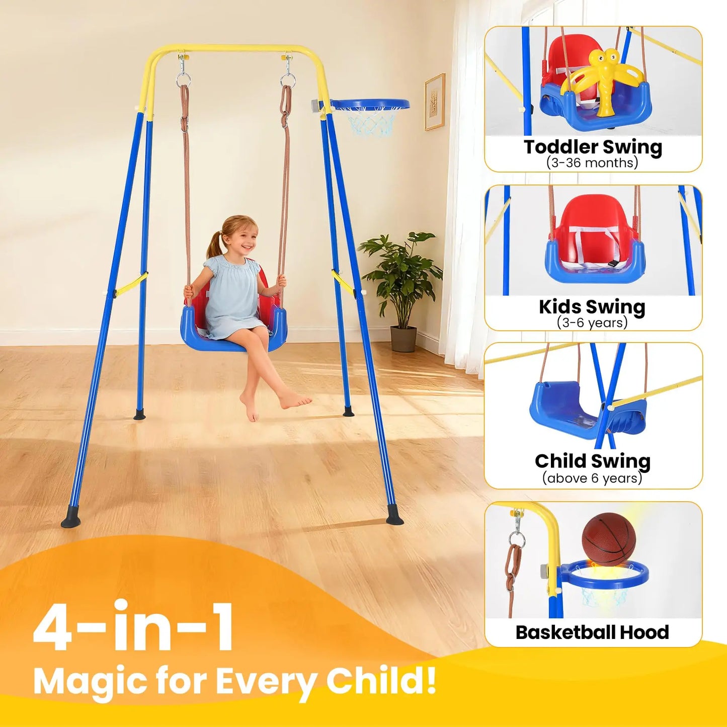 4 In 1 Toddler Swing Set With Basketball Hoop, Foldable Baby Swing With Safety Belt For Indoor Outdoor Backyard Kids Play Fun