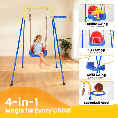 4 In 1 Toddler Swing Set With Basketball Hoop, Foldable Baby Swing With Safety Belt For Indoor Outdoor Backyard Kids Play Fun