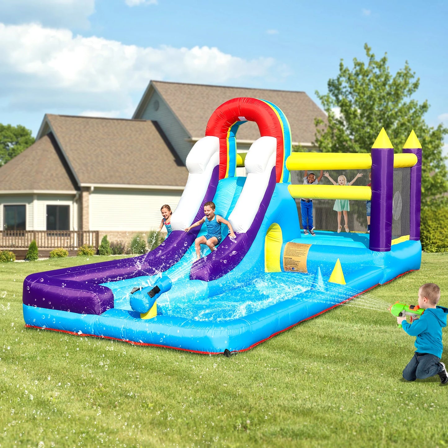 16FT Kids Inflatable Water Slide Bounce House with Splash Pool, Durable Oxford Fabric & 480W Blower