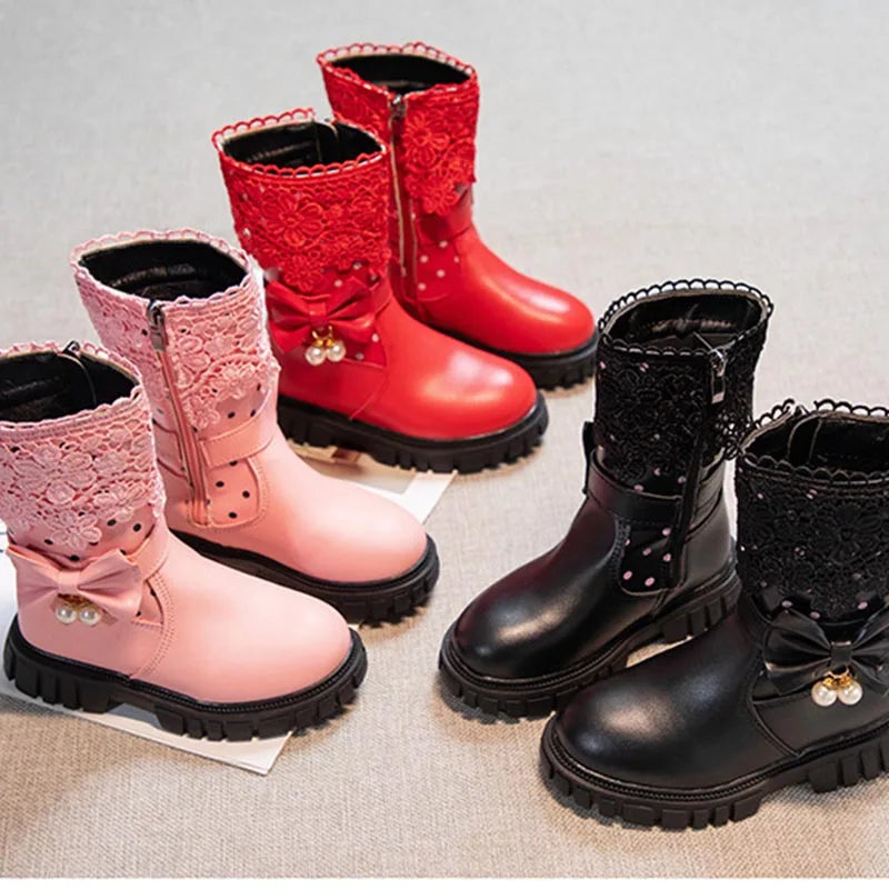 2024 Girls Boots Bow Kids Fashion Buckle Cool Solid Color Toddler Girls Shoes Children Casual Boots Versatile Spring New Simple